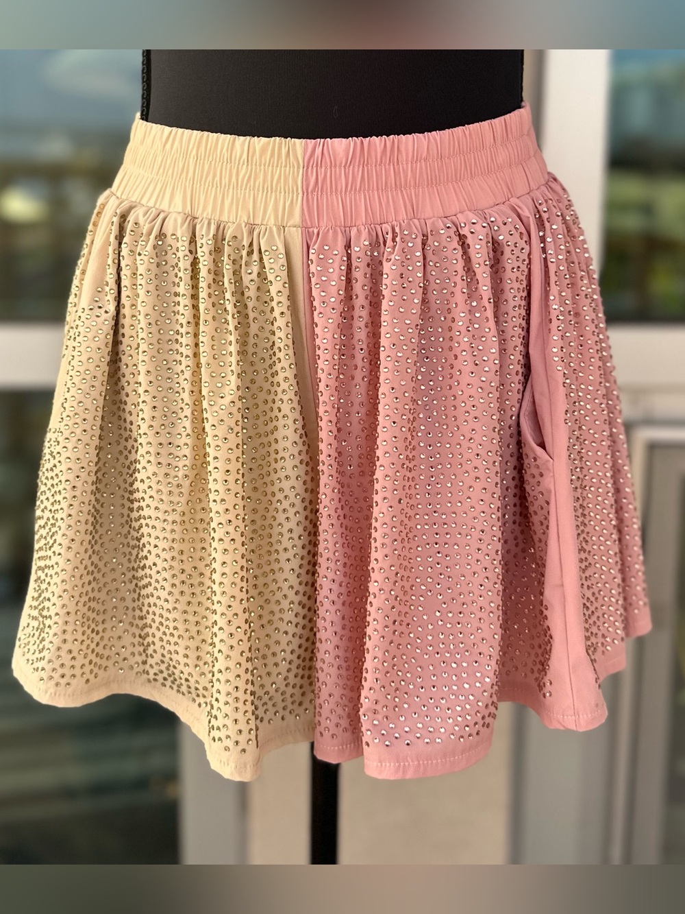 Queen of Sparkles Two Tone Rose and Beige Rhinestone Shorts. Size XS